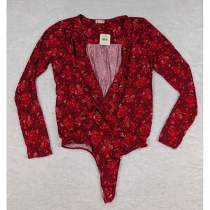 Free People Intimately Floral Combo Bodysuit Sz M Red Long Sleeve NWT